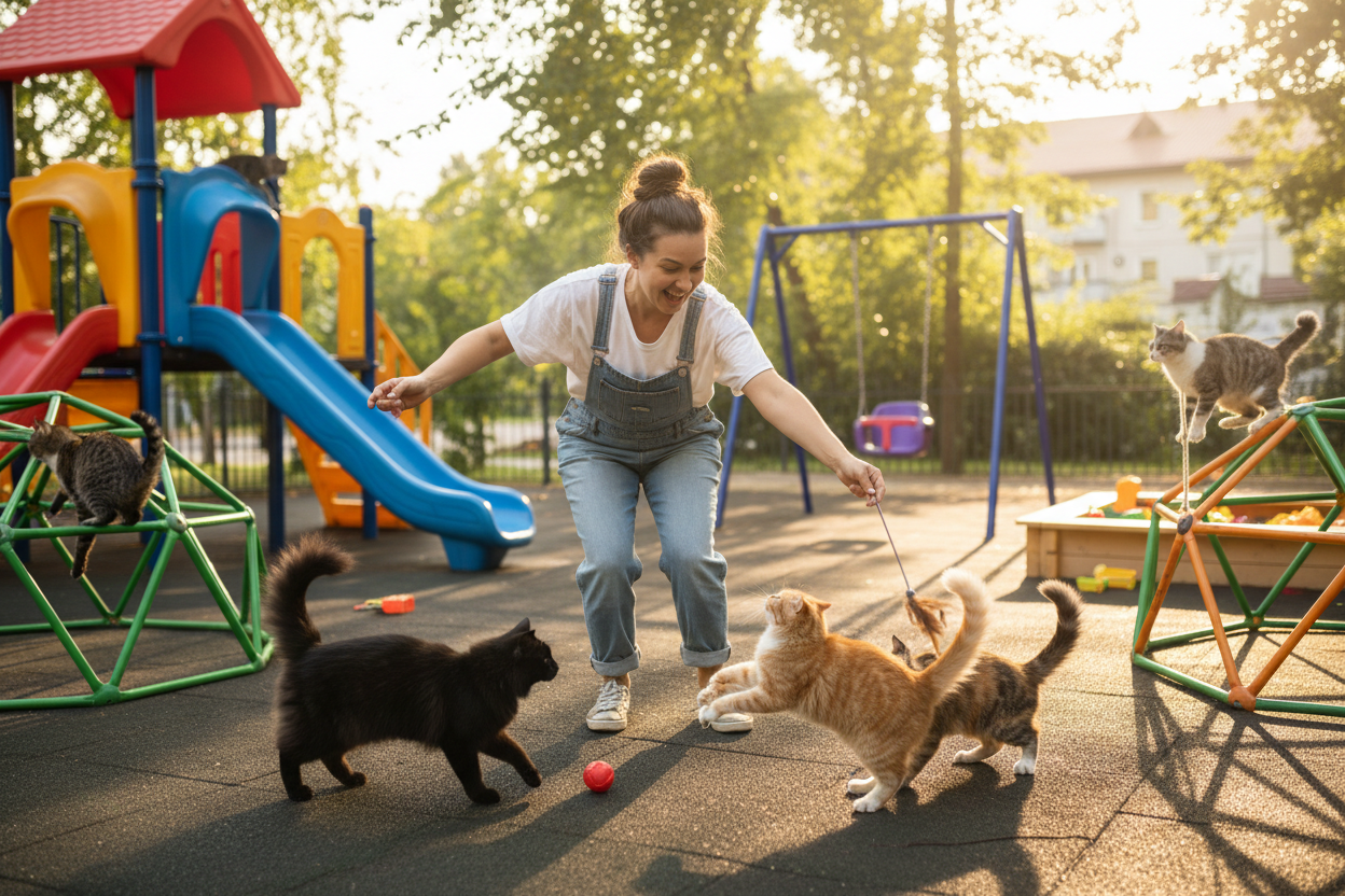A woman with happy face play with Cats at playground.